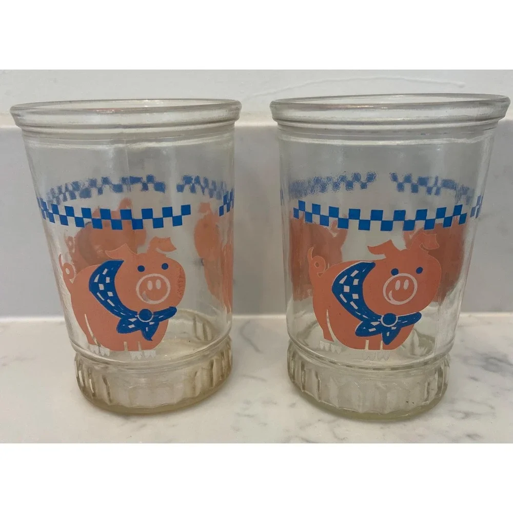 Vintage Bama Jelly Juice Glasses with Little Pigs, set of 2